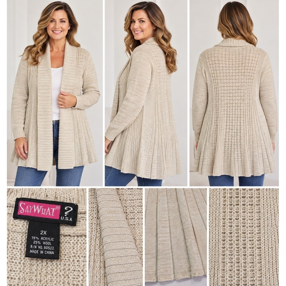 Say What? Women's 2X Long Open Front Cardigan Cream Mixed Knit Wool Blend